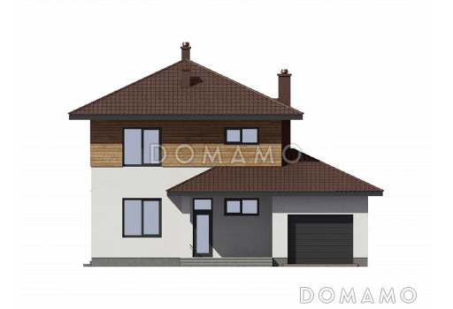 Проект двухэтажного дома с гаражом, террасой и тремя спальнями на втором этаже / Фасад 1