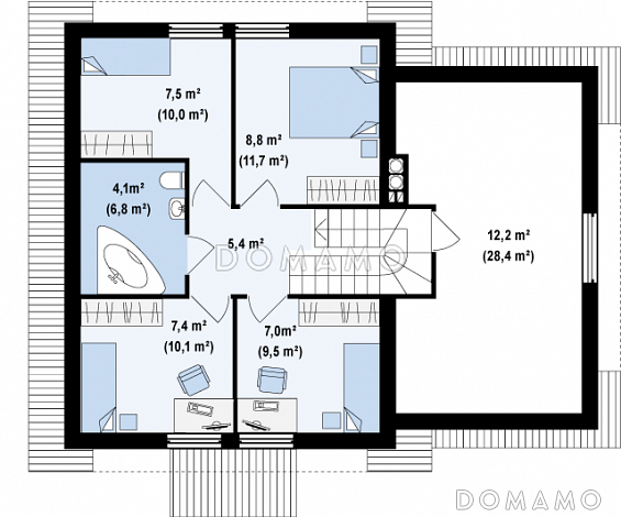 Проект классического одноэтажного мансардного дома из газобетона с четырьмя спальнями и гаражом / План мансардного этажа