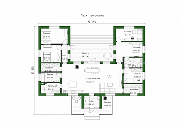 Проект П-образного дома с мансардой, мастер-спальней, кабинетом и вторым светом / План 1 этажа