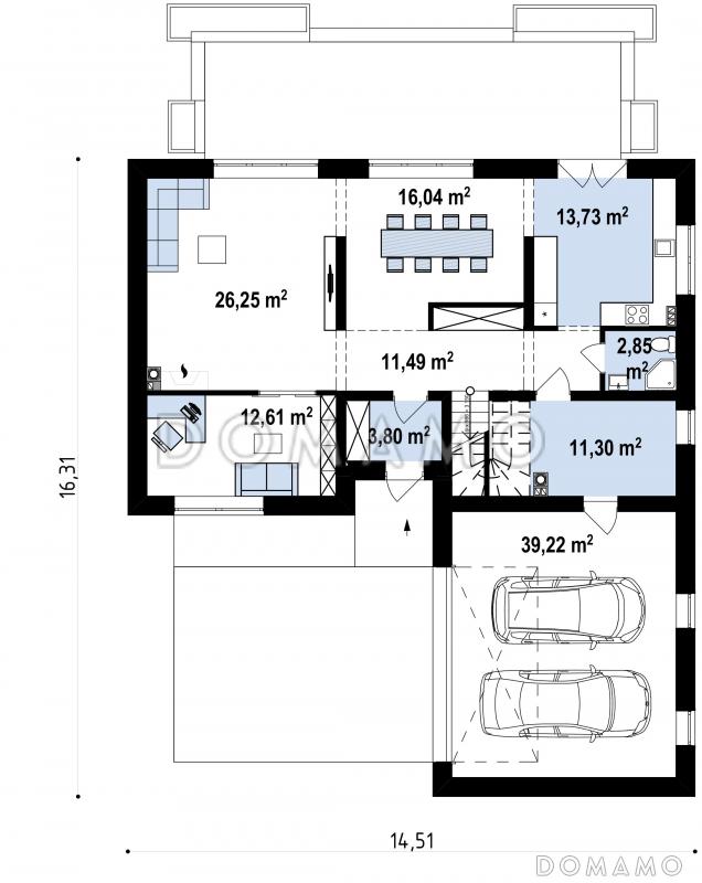 Проект комфортного одноэтажного мансардного дома из кирпича с гаражом и террасой над ним / План 1 этажа