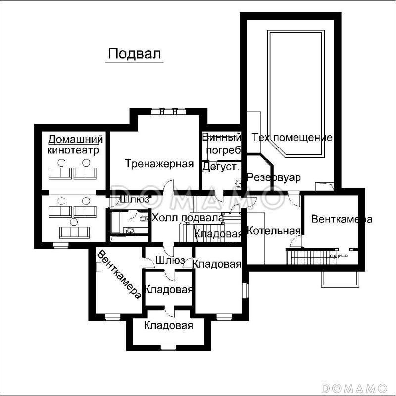 Проект дома с террасой и крытой верандой с колоннами / План цокольного этажа