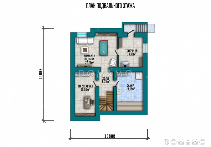 Проект дома с мансардой и шестью спальнями / План цокольного этажа