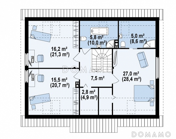 Проект классического мансардного дома из газобетона со встроенным гаражом / План мансардного этажа