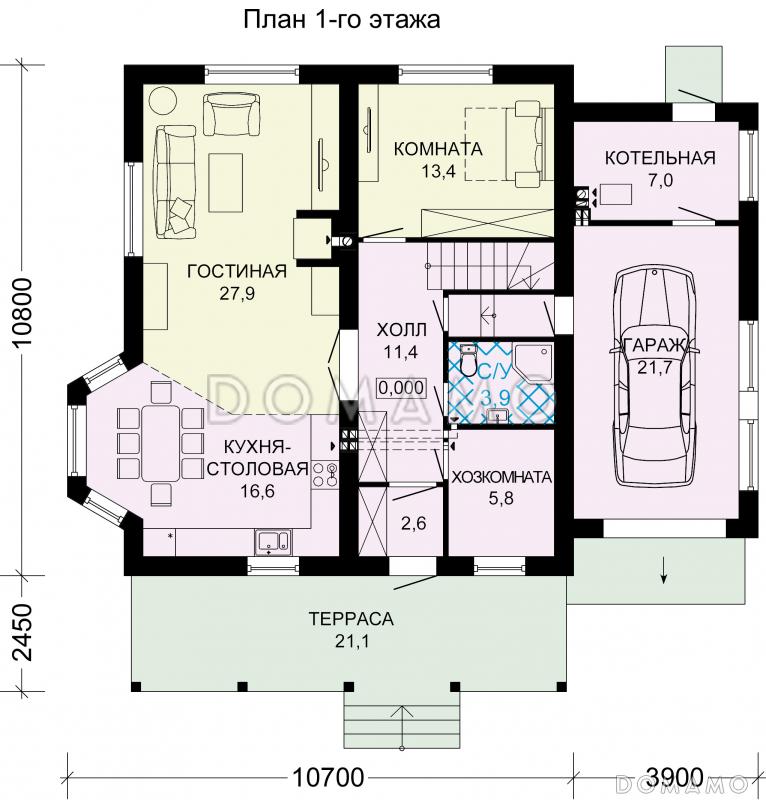 Проект дома из пенобетона с гаражом для одного автомобиля / План 1 этажа