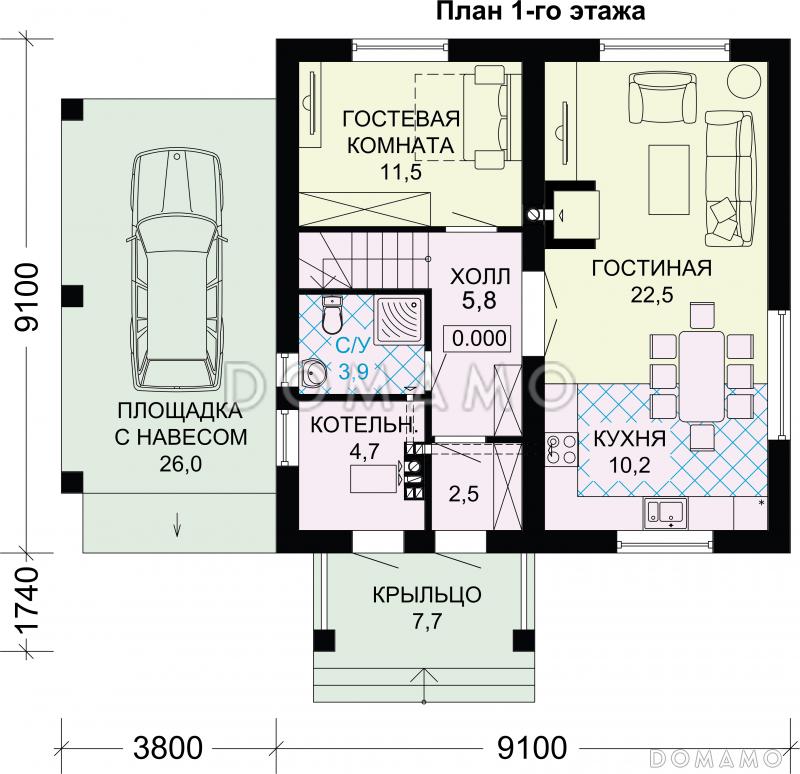 Проект дома из газобетона с мансардой / План 1 этажа