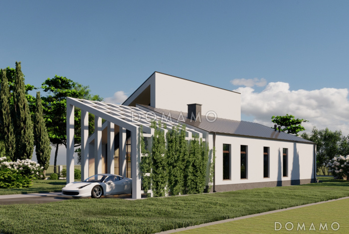 Проект одноэтажного газобетонного дома в стиле хай-тек с "живым" навесом