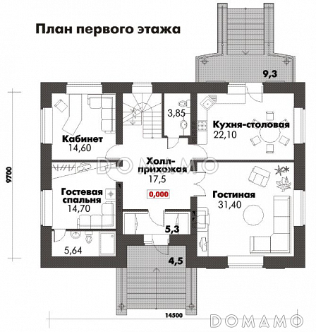 Проект дома с цокольным этажом, бильярдной и тренажерным залом / План 1 этажа