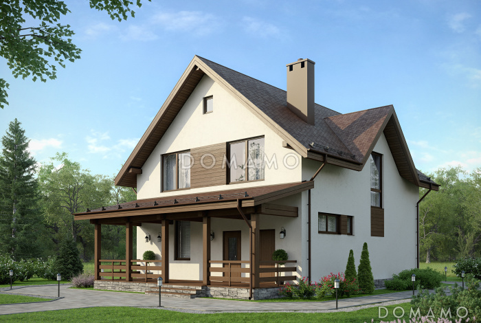 Проект загородного дома с крытой террасой и просторными спальными комнатами