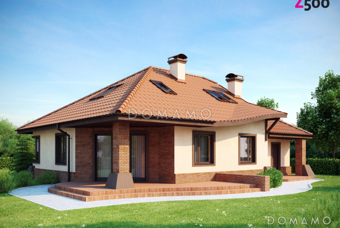 Проект просторного одноэтажного мансардного дома из кирпича с кабинетом, гаражом и комнатой над ним