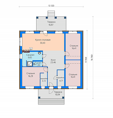 Проект загородного дома с террасами, просторной кухней-столовой без перегородки с холлом / План 1 этажа