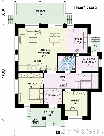 Проект двухэтажного дома из газобетона и кирпичной облицовкой / План 1 этажа