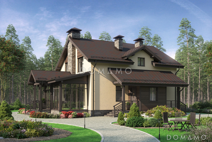 Проект дома с верандой c барбекю, кладовой под лестницей, парной и душевой, кабинетом и спальнями на мансардном этаже