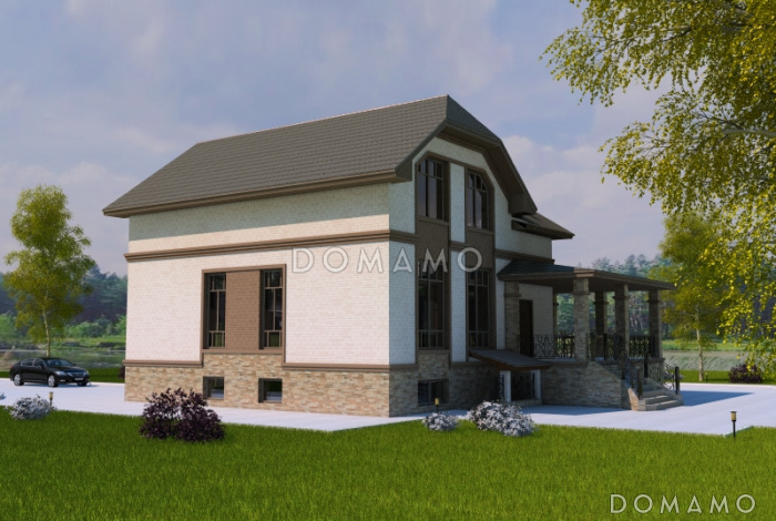 Проект двухэтажного дома с эркером и цокольным этажом, с винтовой лестницей