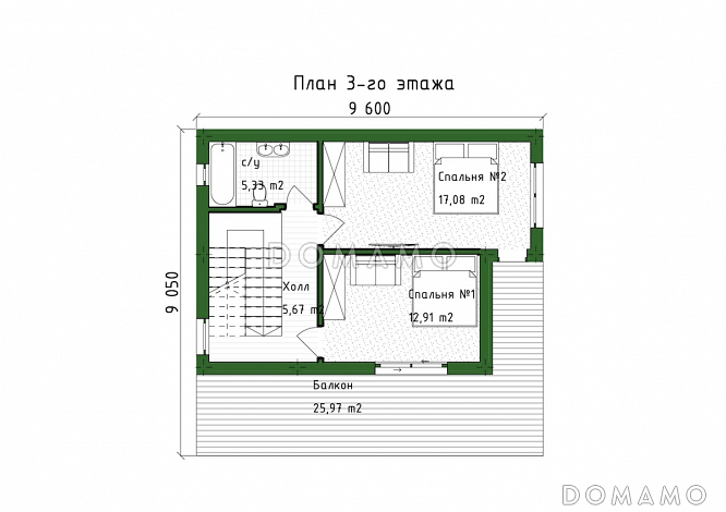 Проект трехэтажного дома в стиле хай-тек, адаптированный для сейсмозоны / План 3 этажа