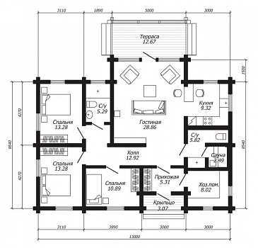 Проект одноэтажного дома с двумя санузлами и компактной сауной / План 1 этажа
