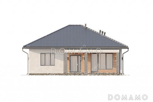 Проект компактного одноэтажного дома с вальмовой кровлей, крытой террасой, тремя спальнями и большой открытой зоной кухни-гостиной / Фасад 4