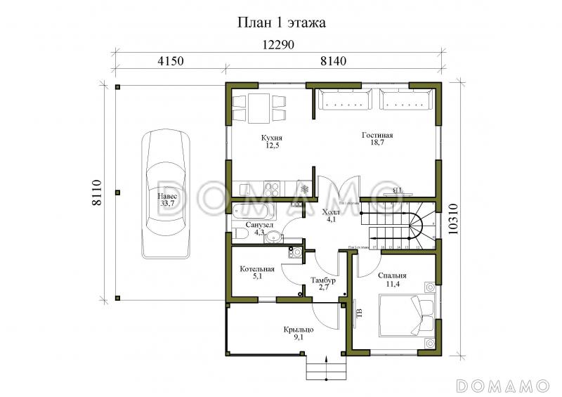 Проект двухэтажного каркасного дома с навесом и балконом / План 1 этажа