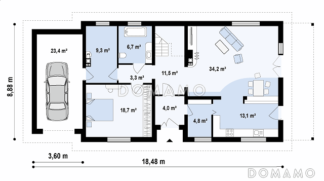 Проект просторного мансардного дома из газобетона со спальней на первом этаже и с двумя на втором / План 1 этажа