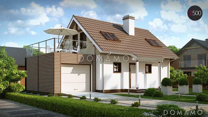 Проект одноэтажного мансардного дома из кирпича с открытой террасой над гаражом