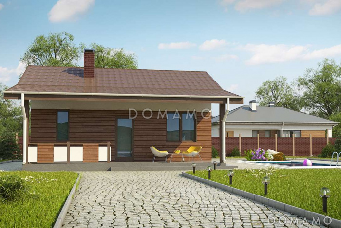 Проект бани из кирпича с комнатой отдыха и крытой террасой