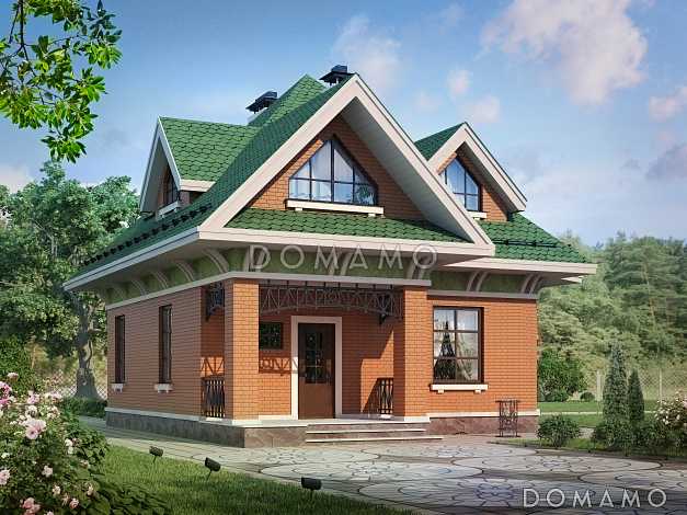 Проект дома из пеноблоков с отделкой из кирпича и зеленой шатровой крышей