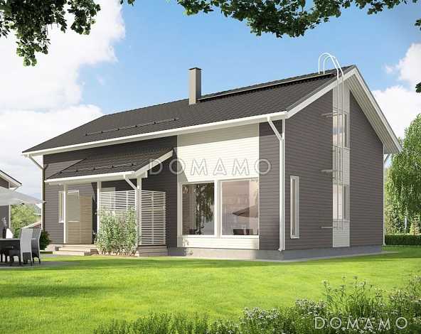 Проект двухэтажного каркасного дома с большими окнами в гостиной