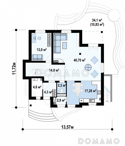 Проект дома с подвалом, просторной гостиной и кухней, балконами, кабинетом / План 1 этажа
