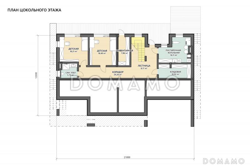 Проект дома в стиле хай-тек, подходящий для неровного участка, с 4 спальнями, большой террасой и навесом для двух автомобилей / План цокольного этажа