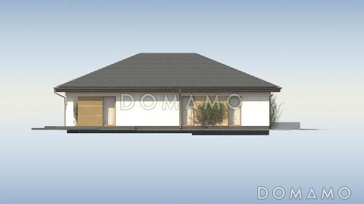 Проект просторного одноэтажного дома из кирпича с четырьмя спальнями и гаражом для одного автомобиля / Фасад 3