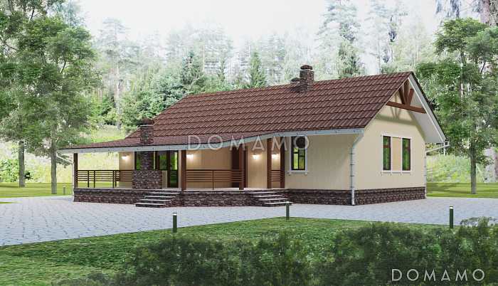 Проект одноэтажного дома с камином внутри и барбекю на террасе под крышей