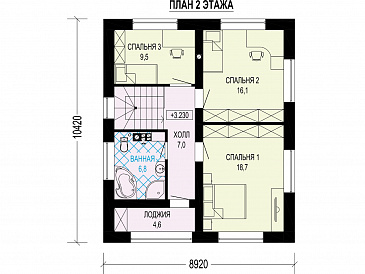 Проект загородного двухэтажного дома с кладовой, кухней-столовой, лоджией / План 2 этажа