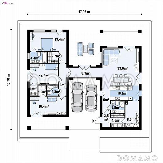 Проект оригинального одноэтажного дома из газобетона с крытой парковкой внутри дома / План 1 этажа