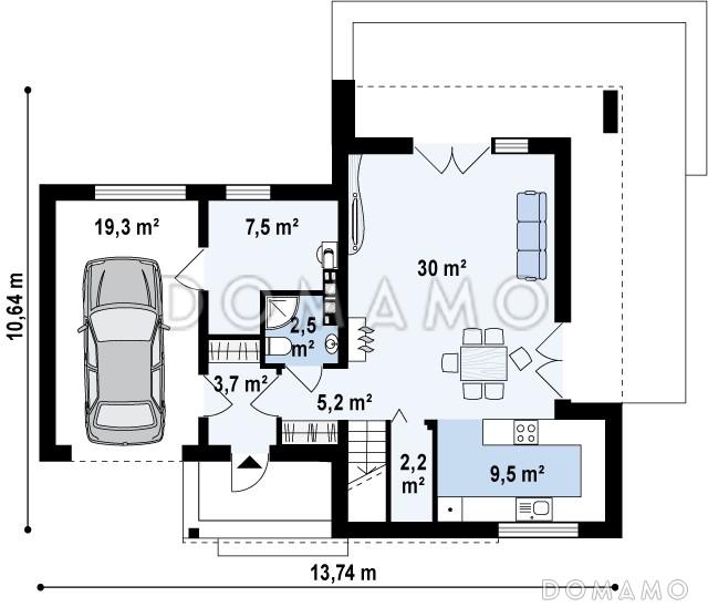 Проект современного двухэтажного дома из кирпича с тремя спальнями и террасой над одноместным гаражом / План 1 этажа