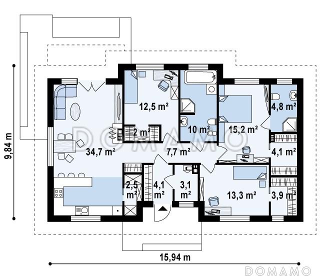 Проект одноэтажного дома из кирпича с просторной дневной зоной и тремя спальнями / План 1 этажа