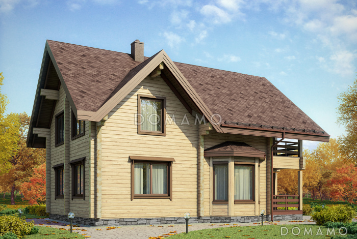 Проект деревянного дома из бруса с мансардой и просторными террасами