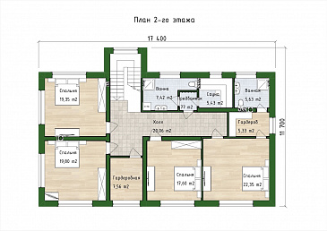 Проект двухэтажного дома из газобетона с 5 спальнями, сауной и гаражом на 1 машину / План 2 этажа