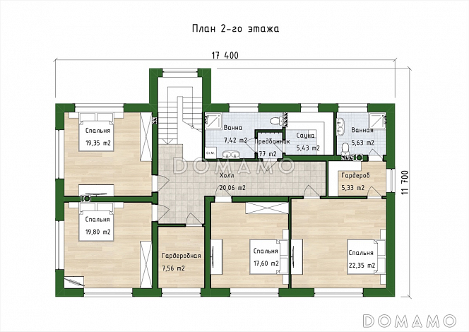 Проект двухэтажного дома из газобетона с 5 спальнями, сауной и гаражом на 1 машину / План 2 этажа