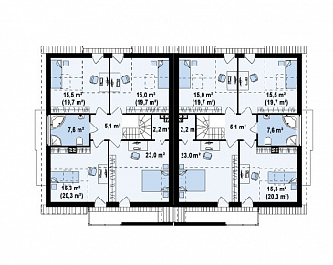 Проект современных мансардных домов-близнецов из газобетона с гаражом, слуховым окном и балконом / План мансардного этажа