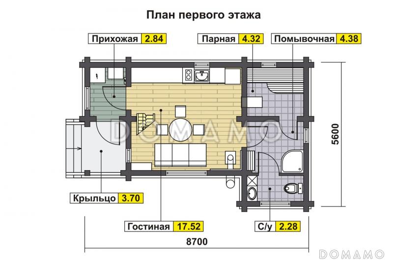 Проект узкого дома с косой крышей, кухней-гостиной, парной, спальней, балконом и вторым светом / План 1 этажа