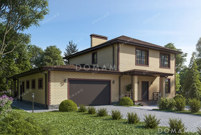 Проект двухэтажного дома с большой террасой и гаражом
