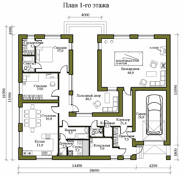 Проект одноэтажного каркасного дома в стиле хай-тек с внутренним двором, бильярдной, сауной и гаражом / План 1 этажа