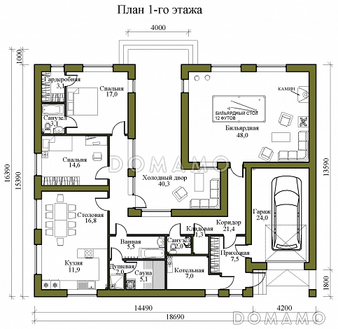 Проект одноэтажного каркасного дома в стиле хай-тек с внутренним двором, бильярдной, сауной и гаражом / План 1 этажа