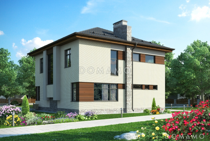 Проект загородного дома с просторной гостиной с камином, террасой, сауной на первом этаже, балконом