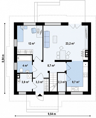 Проект одноэтажного мансардного дома из кирпича в современном исполнении с четырьмя комнатами и балконом / План 1 этажа