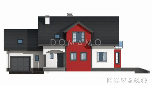 Проект одноэтажного мансардного дома из кирпича с кабинетом, эркером, балконом над ним и гаражом / Фасад 4