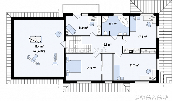 Проект просторного современного двухэтажного дома из газобетона, с пятью комнатами, бильярдной и гаражом  / План 2 этажа