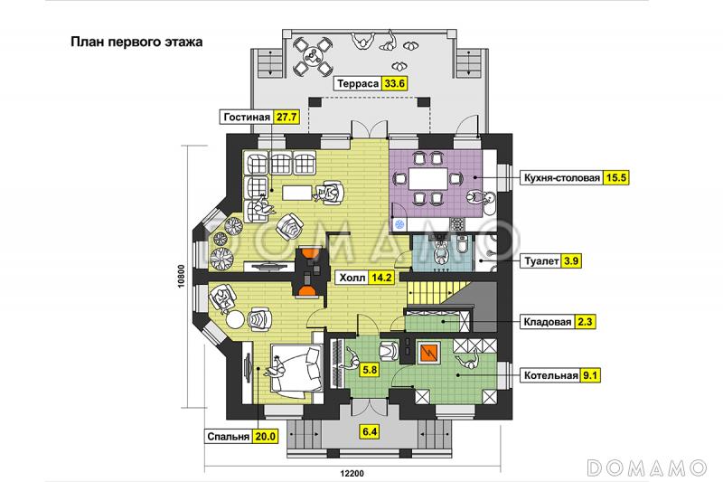 Двухэтажный дом с открытой большой террасой, тремя балконами, эркером / План 1 этажа