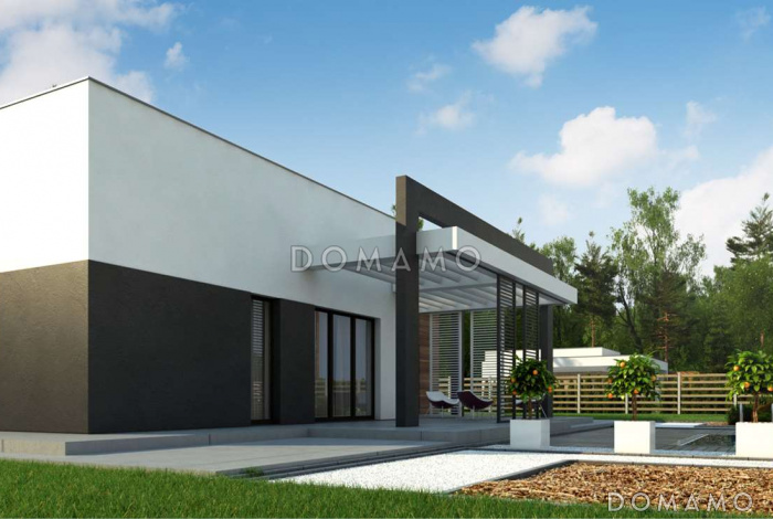 Проект просторного современного одноэтажного дома из кирпича с плоской крышей с тремя спальнями, крытой террасой и гаражом