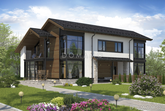 Проект дома на две семьи с террасой, котельной, кухней-столовой и большой гостиной, кабинетом