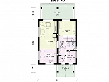 Проект двухэтажного дома с террасой и 4 спальнями / План 1 этажа